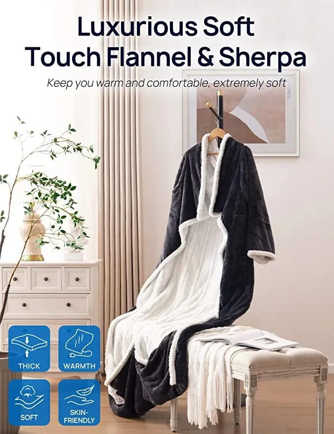 Electric Heating Blanket – Wearable Flannel Lamb Wool Heated Blanket With Sleeves view 5