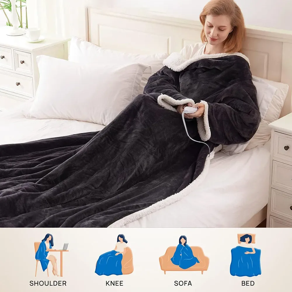 Electric Heating Blanket – Wearable Flannel Lamb Wool Heated Blanket With Sleeves view 2