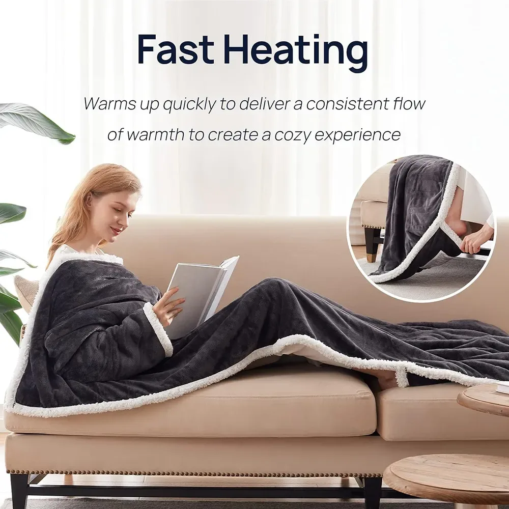 Electric Heating Blanket – Wearable Flannel Lamb Wool Heated Blanket With Sleeves view 8